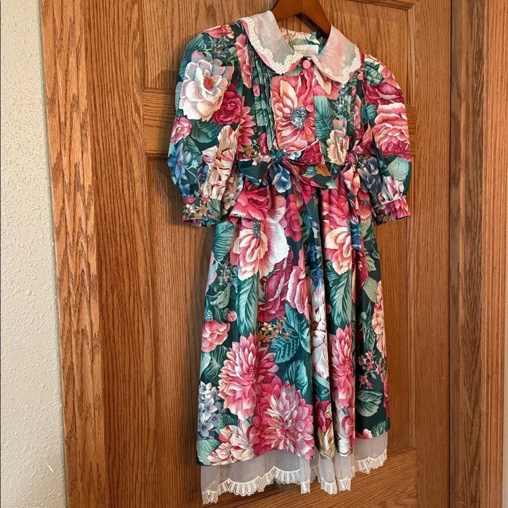 ANNE SAVOY Vintage 80s/90s Floral Cottagecore Dress Puff Sleeve Peter Pan Collar